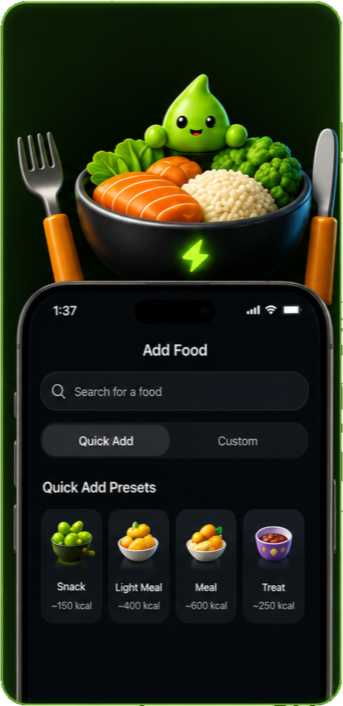 Pantalla de Energy Bank para añadir comida con Energy Buddy y un bol de comida