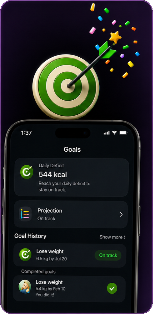 Pantalla de objetivos de Energy Bank con una diana y tarjetas de progreso