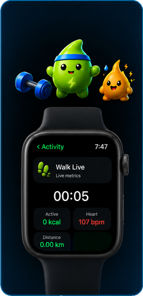 Pantalla de actividad de Energy Bank en Apple Watch con Energy Buddy y Fat Drop