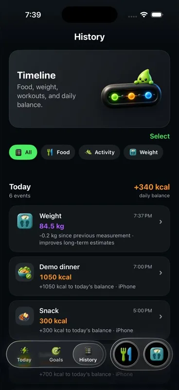 Energy Bank iPhone history timeline screen