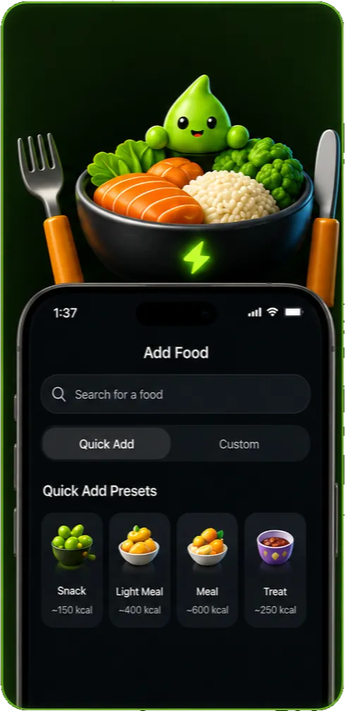 Energy Bank Add Food iPhone screen with Energy Buddy and a food bowl